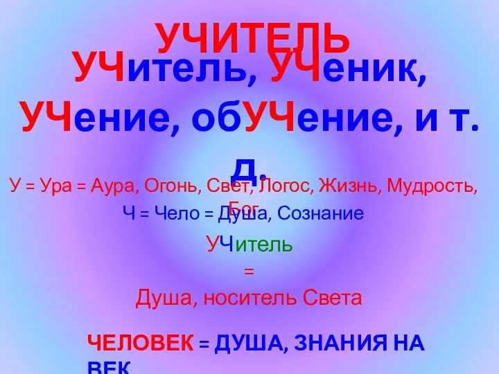 УЧИТЕЛЬ УЧитель, УЧеник, УЧение, обУЧение, и т.д. У = Ура