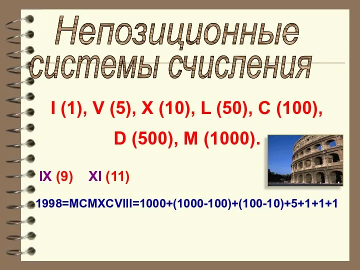 Непозиционные системы счисления I (1), V (5), X (10), L (50), C (100),