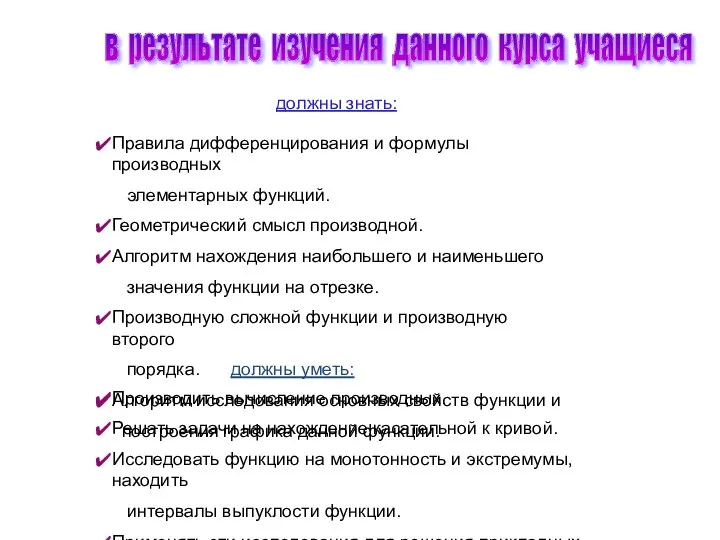 в результате изучения данного курса учащиеся должны знать: должны уметь: