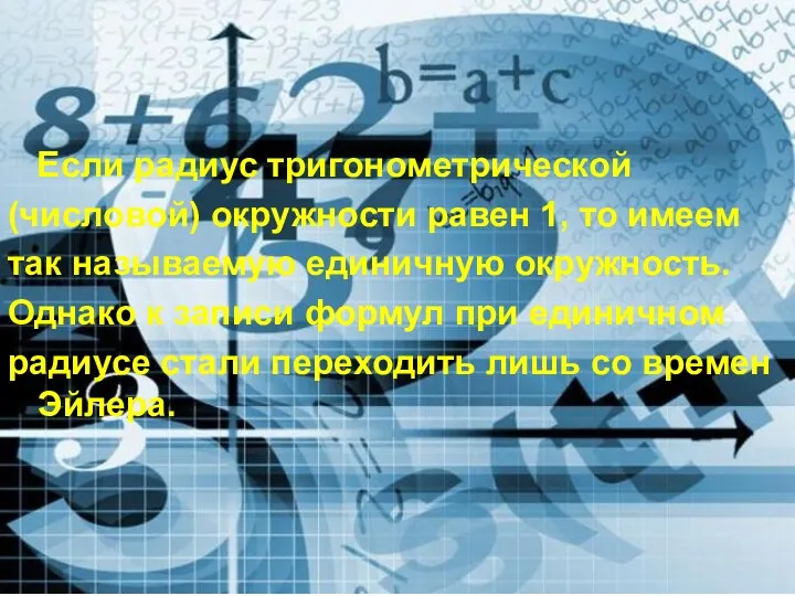 Если радиус тригонометрической (числовой) окружности равен 1, то имеем так называемую единичную окружность.