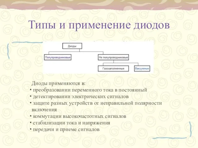 Типы и применение диодов Диоды применяются в: преобразовании переменного тока