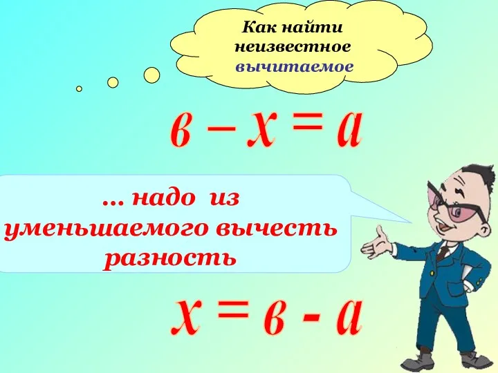 Как найти неизвестное вычитаемое в – х = а …