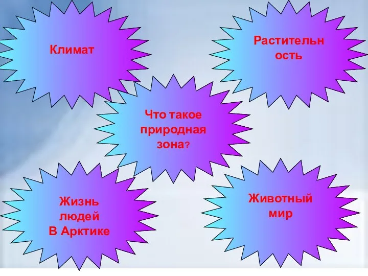 Растительность Что такое природная зона? Климат Животный мир Жизнь людей В Арктике