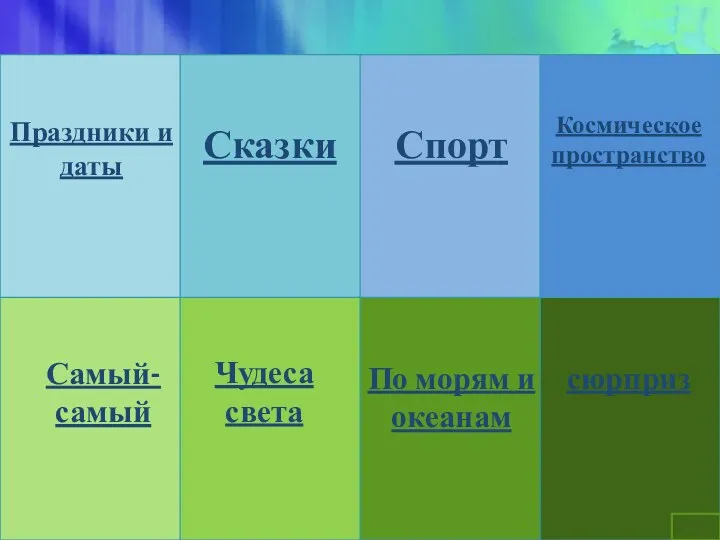 Праздники и даты Чудеса света Сказки Спорт Космическое пространство Самый-самый По морям и океанам сюрприз