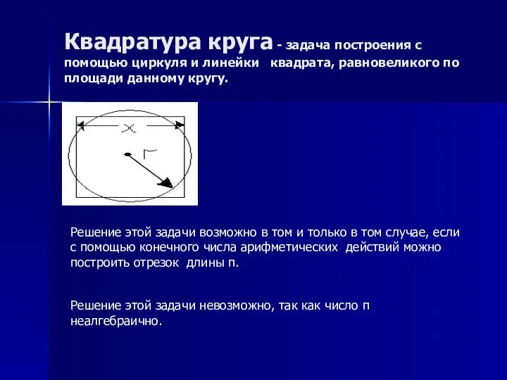 Квадратура круга - задача построения с помощью циркуля и линейки