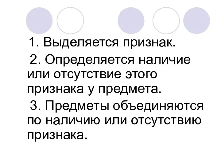 1. Выделяется признак. 2. Определяется наличие или отсутствие этого признака