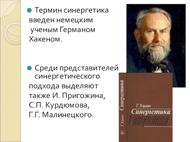 Термин синергетика введен немецким ученым Германом Хакеном. Среди представителей синергетического