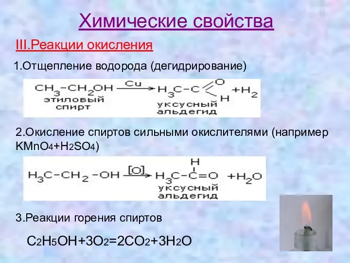 Химические свойства III.Реакции окисления 1.Отщепление водорода (дегидрирование) 2.Окисление спиртов сильными