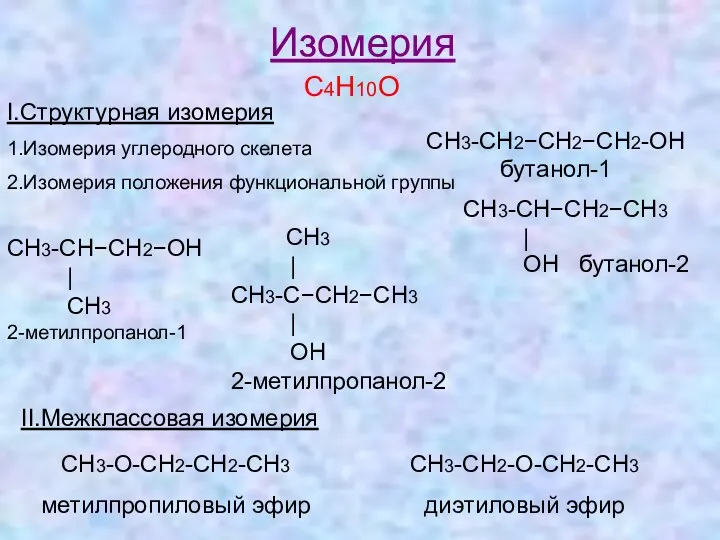 Изомерия С4Н10О I.Структурная изомерия 1.Изомерия углеродного скелета 2.Изомерия положения функциональной