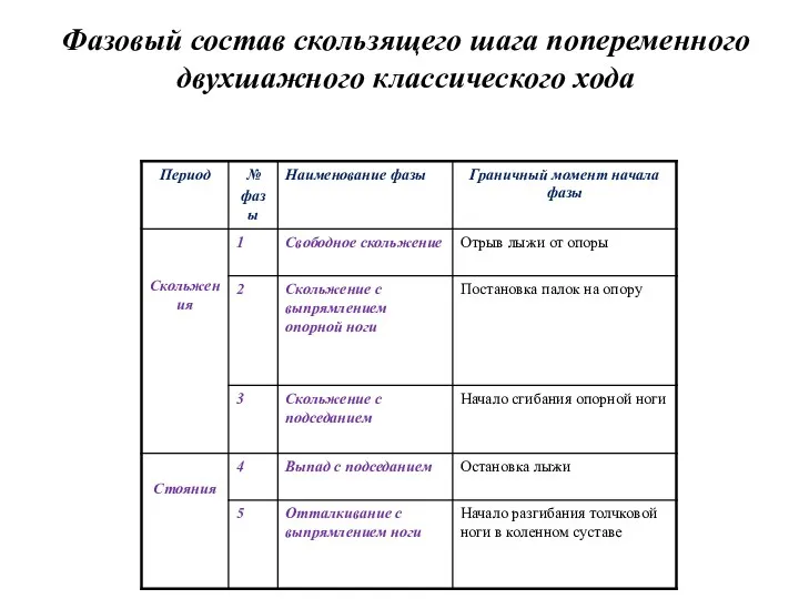 Фазовый состав скользящего шага попеременного двухшажного классического хода