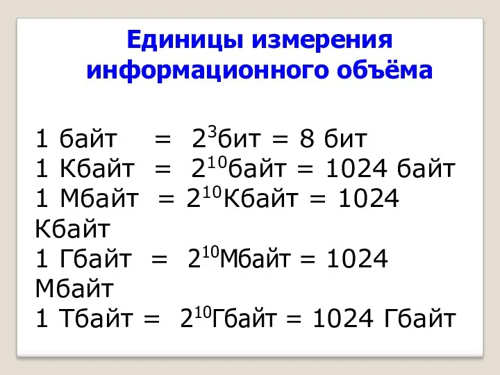Единицы измерения информационного объёма 1 байт = 23бит = 8