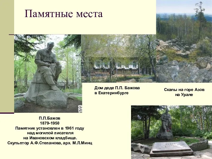 Памятные места П.П.Бажов 1879-1950 Памятник установлен в 1961 году над могилой писателя на