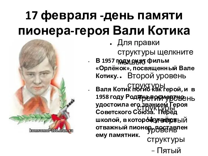 17 февраля -день памяти пионера-героя Вали Котика В 1957 году