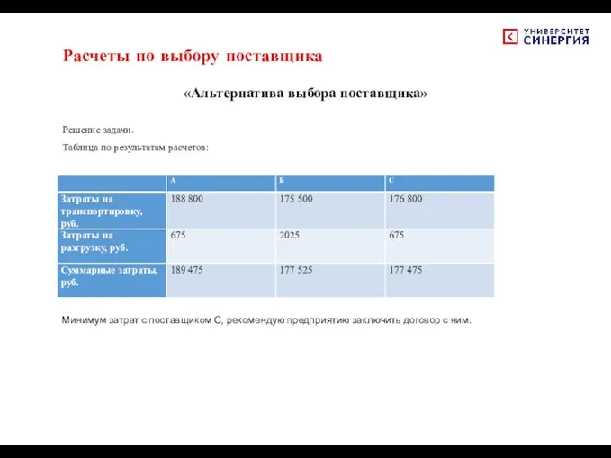 Расчеты по выбору поставщика «Альтернатива выбора поставщика» Решение задачи. Таблица по результатам расчетов: