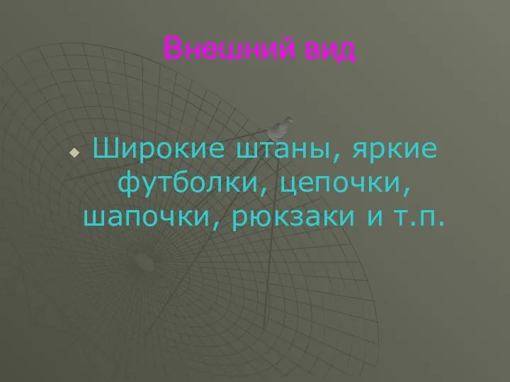 Внешний вид Широкие штаны, яркие футболки, цепочки, шапочки, рюкзаки и т.п.