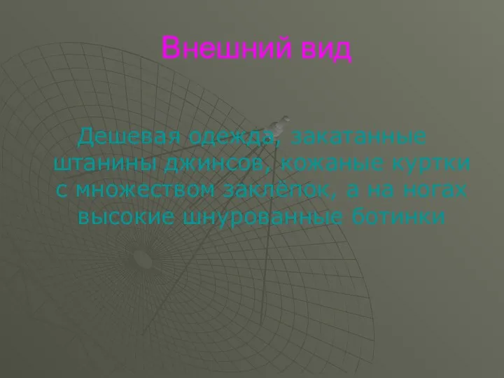 Внешний вид Дешевая одежда, закатанные штанины джинсов, кожаные куртки с