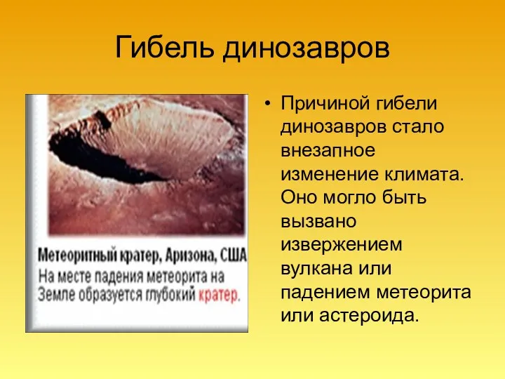 Гибель динозавров Причиной гибели динозавров стало внезапное изменение климата. Оно