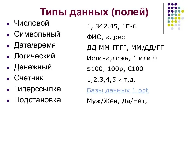 1, 342.45, 1Е-6 ФИО, адрес ДД-ММ-ГГГГ, ММ/ДД/ГГ Истина,ложь, 1 или