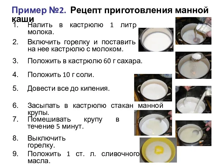 Пример №2. Рецепт приготовления манной каши Налить в кастрюлю 1 литр молока. Включить