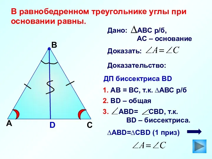 А В Доказательство: ДП биссектриса ВD ∆АВD=∆СBD (1 приз) D