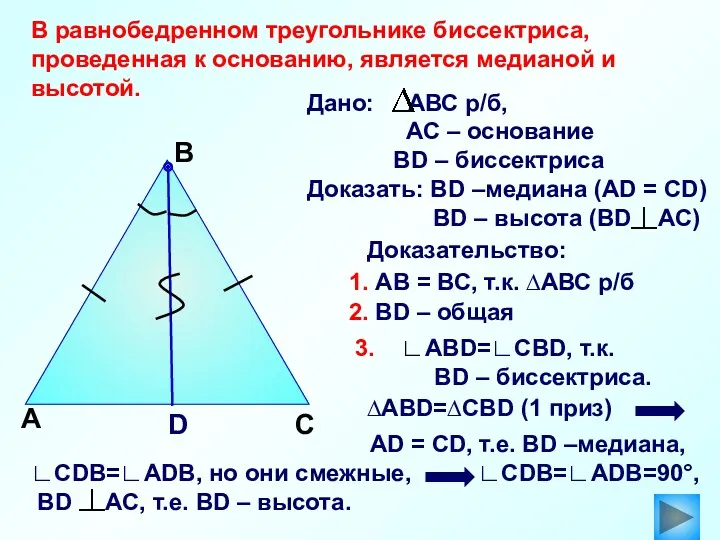 А В Доказательство: ∆АВD=∆СBD (1 приз) D С В равнобедренном