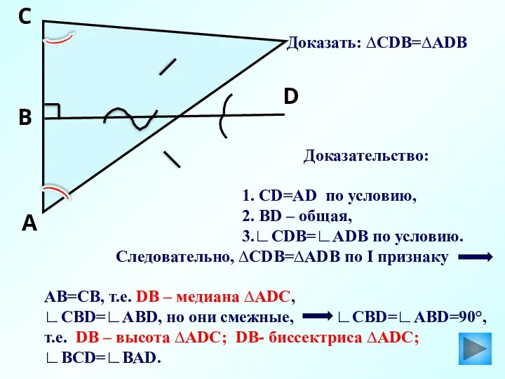 А D В C Доказательство: 1. СD=АD по условию, 2.