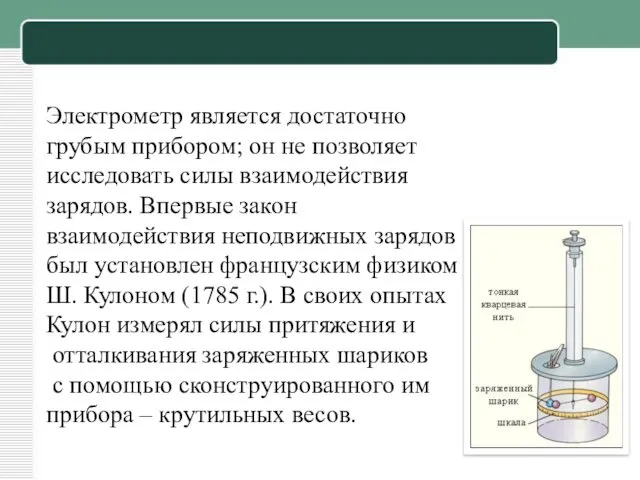 Электрометр является достаточно грубым прибором; он не позволяет исследовать силы