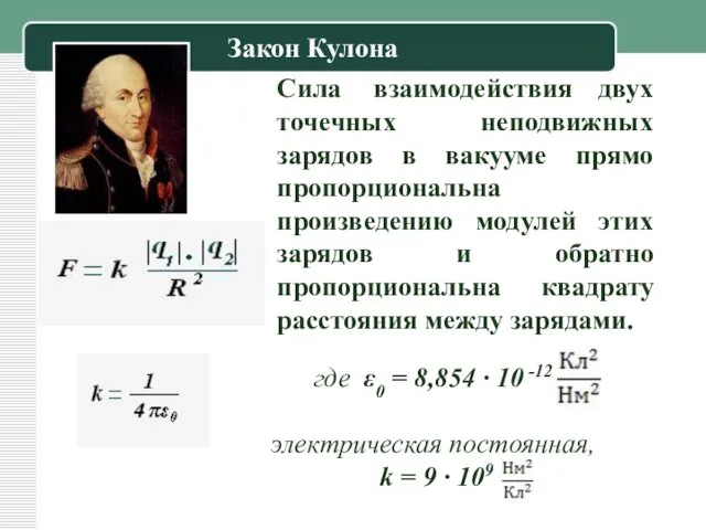 Сила взаимодействия двух точечных неподвижных зарядов в вакууме прямо пропорциональна