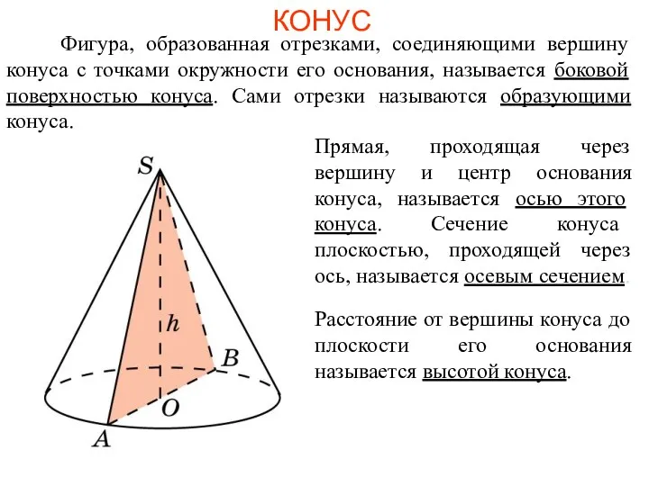 КОНУС Фигура, образованная отрезками, соединяющими вершину конуса с точками окружности