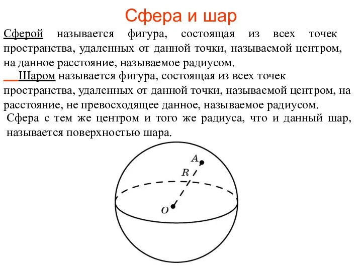 Сфера и шар Сферой называется фигура, состоящая из всех точек