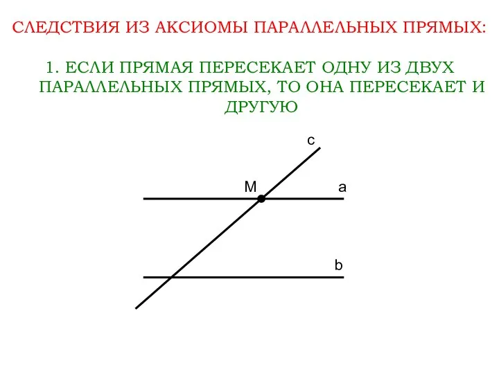 СЛЕДСТВИЯ ИЗ АКСИОМЫ ПАРАЛЛЕЛЬНЫХ ПРЯМЫХ: 1. ЕСЛИ ПРЯМАЯ ПЕРЕСЕКАЕТ ОДНУ ИЗ ДВУХ ПАРАЛЛЕЛЬНЫХ