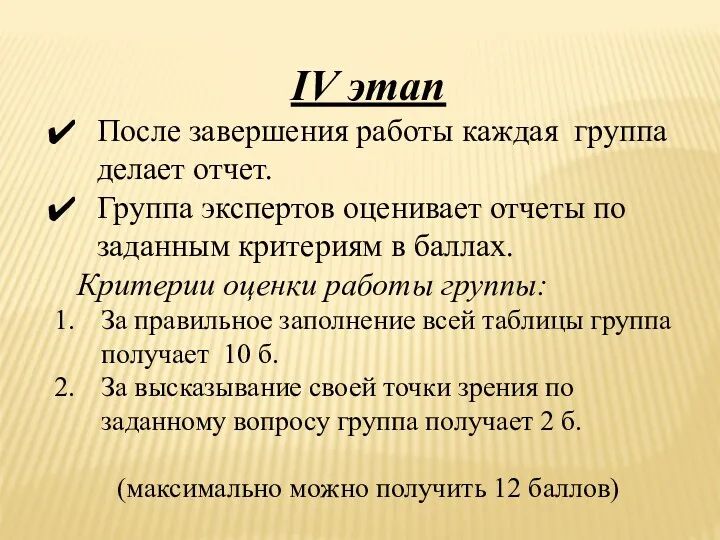 IV этап После завершения работы каждая группа делает отчет. Группа