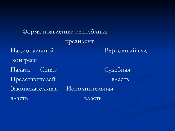 Форма правления: республика президент Национальный Верховный суд конгресс Палата Сенат