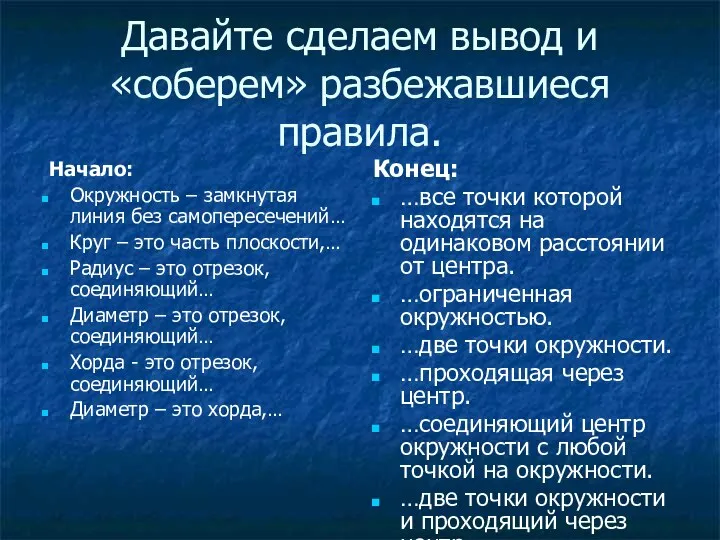 Давайте сделаем вывод и «соберем» разбежавшиеся правила. Начало: Окружность –