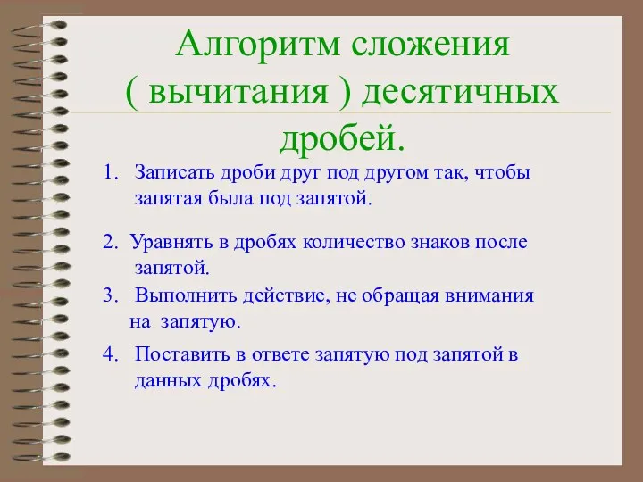 Алгоритм сложения ( вычитания ) десятичных дробей. 4. Поставить в ответе запятую под