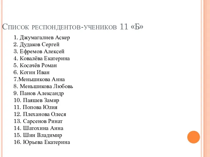 Список респондентов-учеников 11 «Б» 1. Джумагалиев Аскер 2. Дудаков Сергей