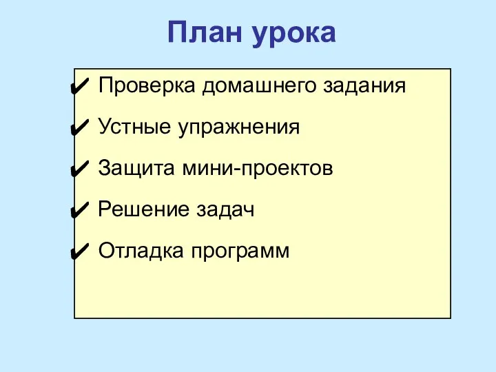 План урока Проверка домашнего задания Устные упражнения Защита мини-проектов Решение задач Отладка программ