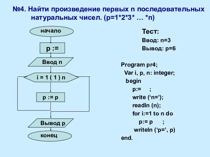 №4. Найти произведение первых n последовательных натуральных чисел. (р=1*2*3* …