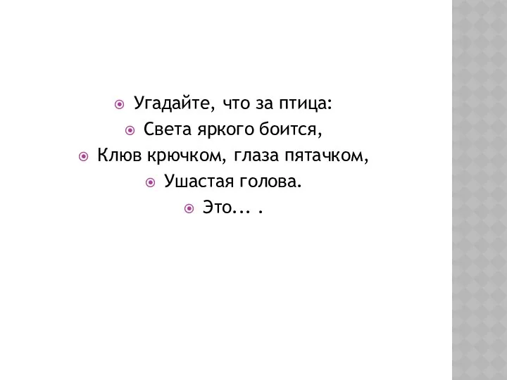 Угадайте, что за птица: Света яркого боится, Клюв крючком, глаза пятачком, Ушастая голова. Это... .