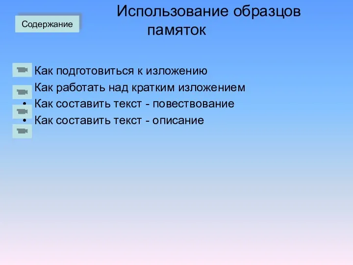 Использование образцов памяток Как подготовиться к изложению Как работать над