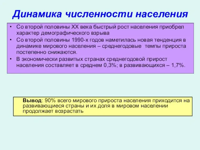 Динамика численности населения Со второй половины XX века быстрый рост