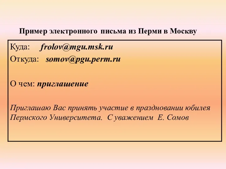 Пример электронного письма из Перми в Москву