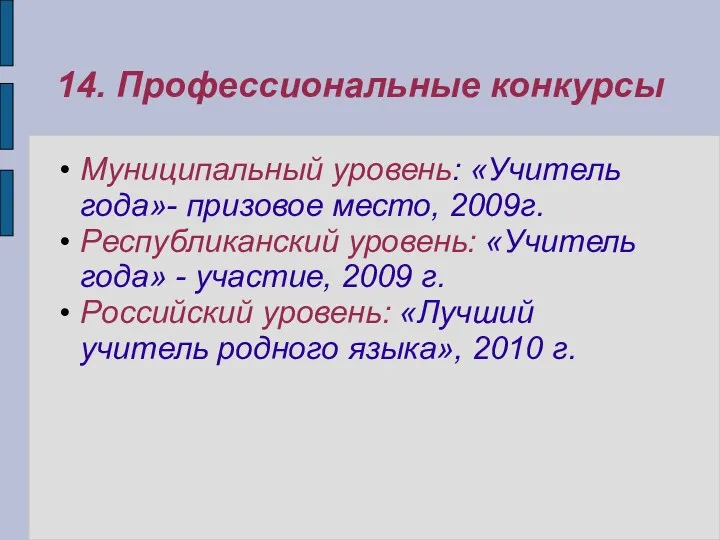 14. Профессиональные конкурсы Муниципальный уровень: «Учитель года»- призовое место, 2009г.