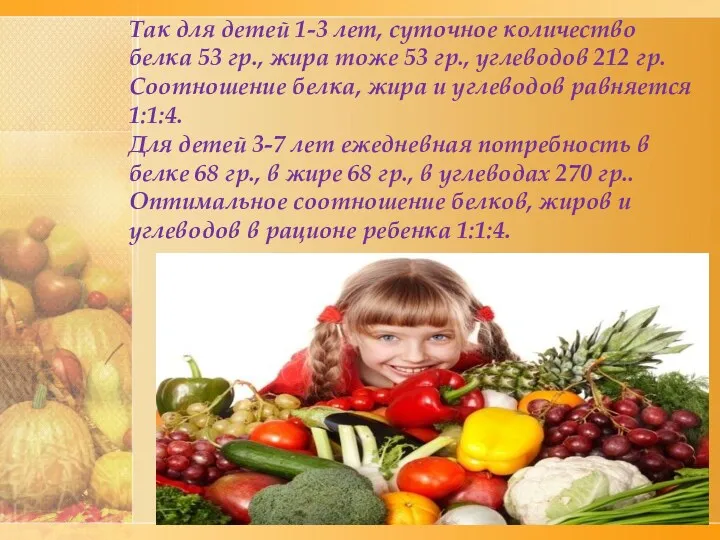 Так для детей 1-3 лет, суточное количество белка 53 гр.,