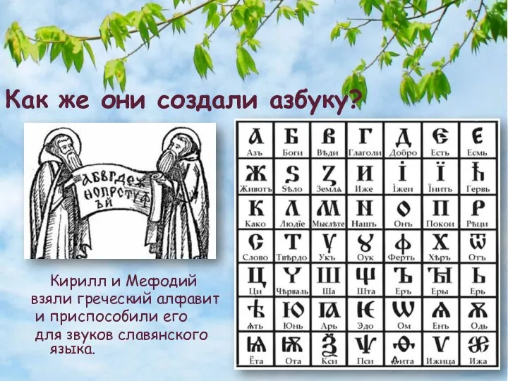 Как же они создали азбуку? Кирилл и Мефодий взяли греческий алфавит и приспособили