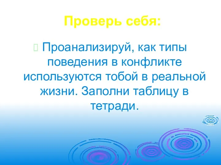 Проверь себя: Проанализируй, как типы поведения в конфликте используются тобой