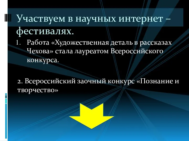 Работа «Художественная деталь в рассказах Чехова» стала лауреатом Всероссийского конкурса. 2. Всероссийский заочный