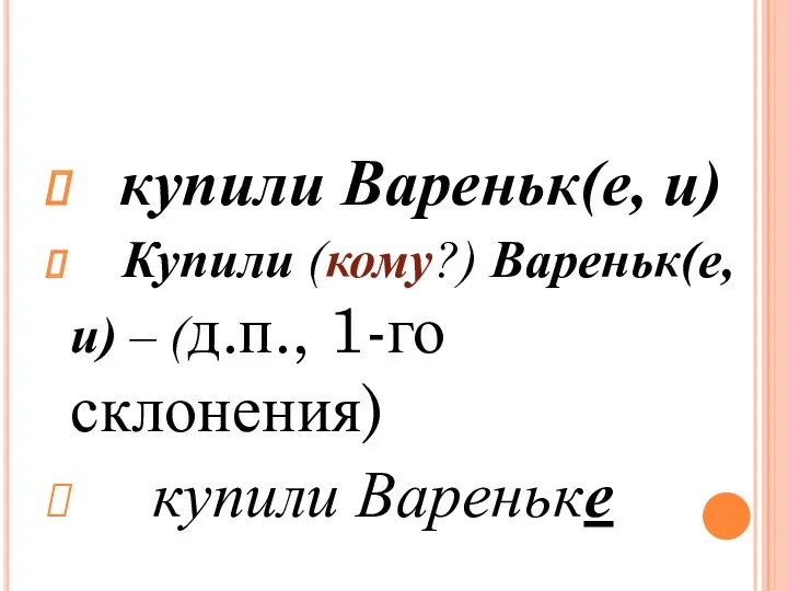 купили Вареньк(е, и) Купили (кому?) Вареньк(е,и) – (д.п., 1-го склонения) купили Вареньке