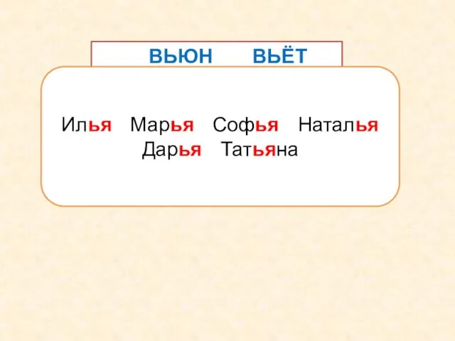 ВЬЮН ВЬЁТ ПЬЮ ПЬЮТ ЛЬЮ ЛЬЁТ БЬЮ БЬЁТ ШЬЮ ШЬЮТ Илья Марья Софья Наталья Дарья Татьяна