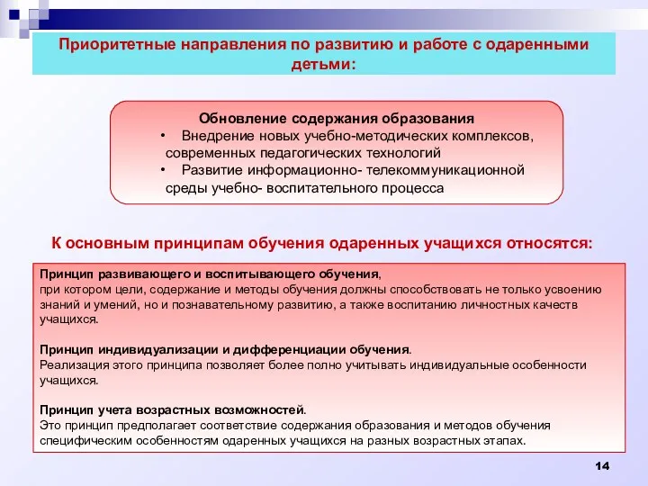 Приоритетные направления по развитию и работе с одаренными детьми: Обновление